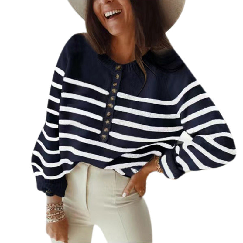 Women's Striped Pullover Top Fashion Button Cardigan