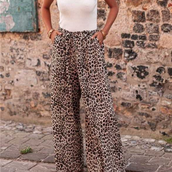 Simple Leopard Print Printed Pocket Wide Leg Trousers