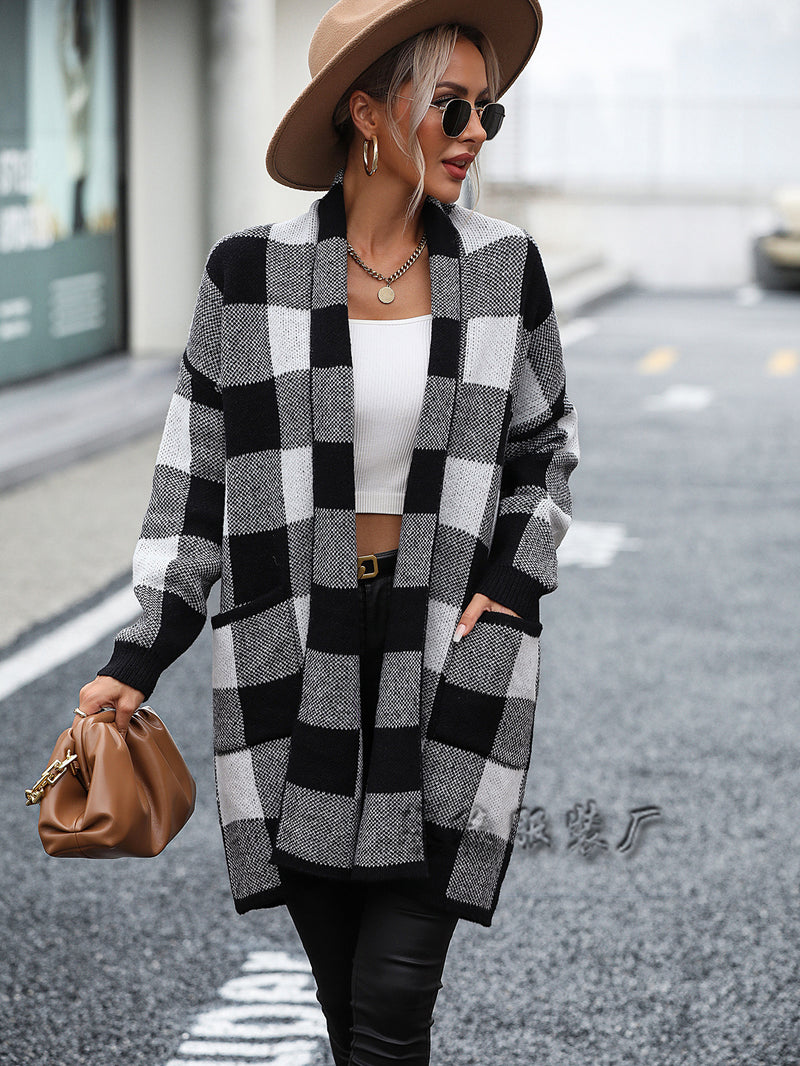 European And American Coat Loose Plaid Color Stitching Knitted Cardigan Fashion Sweater