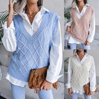 European And American V-neck Diamond Check Hollow Casual Knitted Jumper Vest