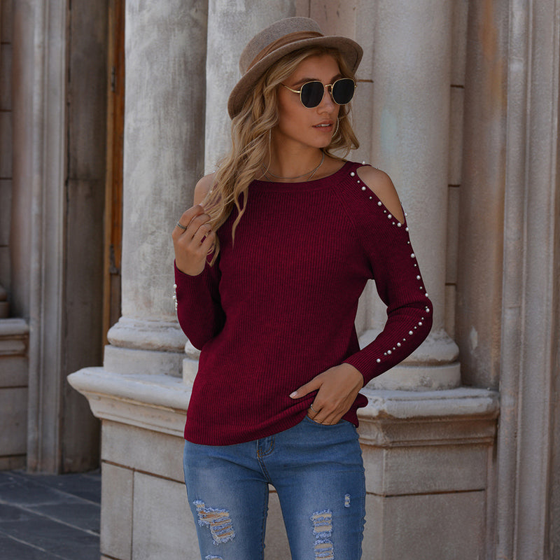 Fall Winter Fashion Beaded Knitted Sweater Solid Color Pullover Off-the-shoulder Sweater For Women