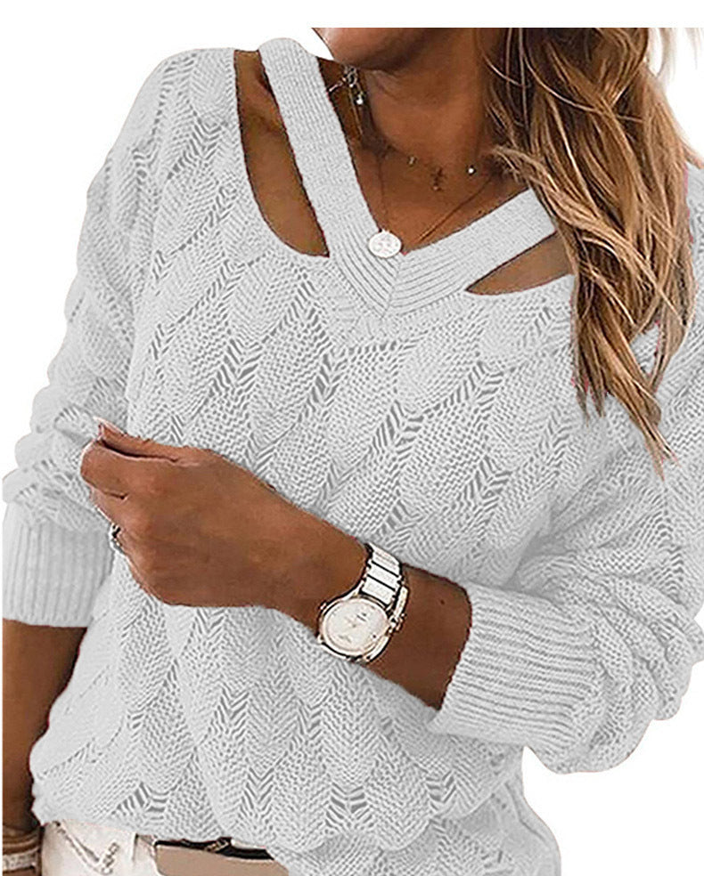 Autumn And Winter Fashion Knitwear V-neck Off-the-shoulder Long-sleeved Sweater