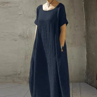 Women's Cotton And Linen Solid Color Round Neck Short Sleeves Waist Dress