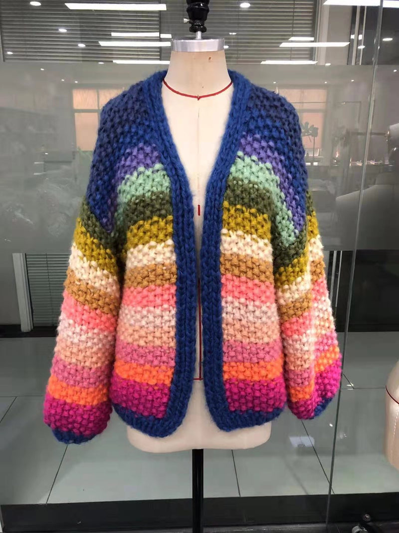 Handmade Rainbow Striped Contrast Color Thick Needle Sweater Coat