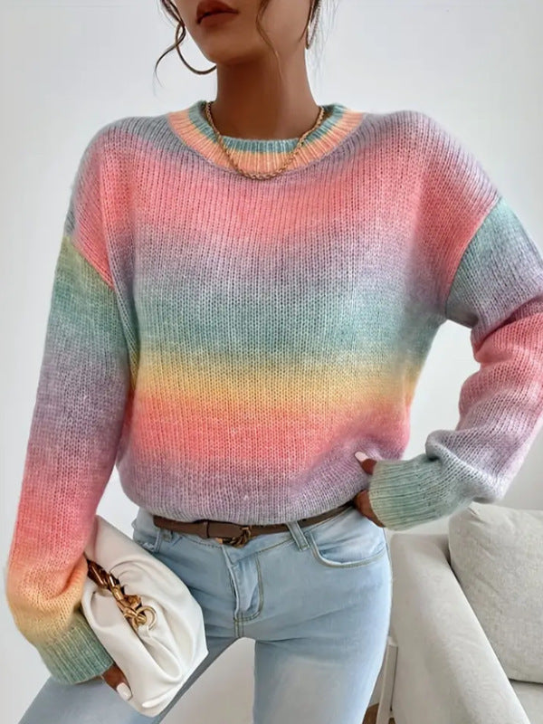 Stitching Contrast Color Knitted Sweater Fashion Pullover Round Neck Gradient Rainbow Striped Top