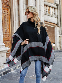 New Style High Collar Plaid Tassel Shawl Sweater Coat