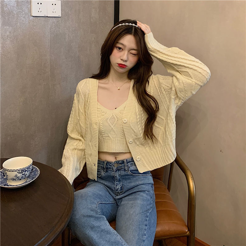 V-neck Knitted Cardigan Jacket Suit Women's Outer Wear Camisole Top