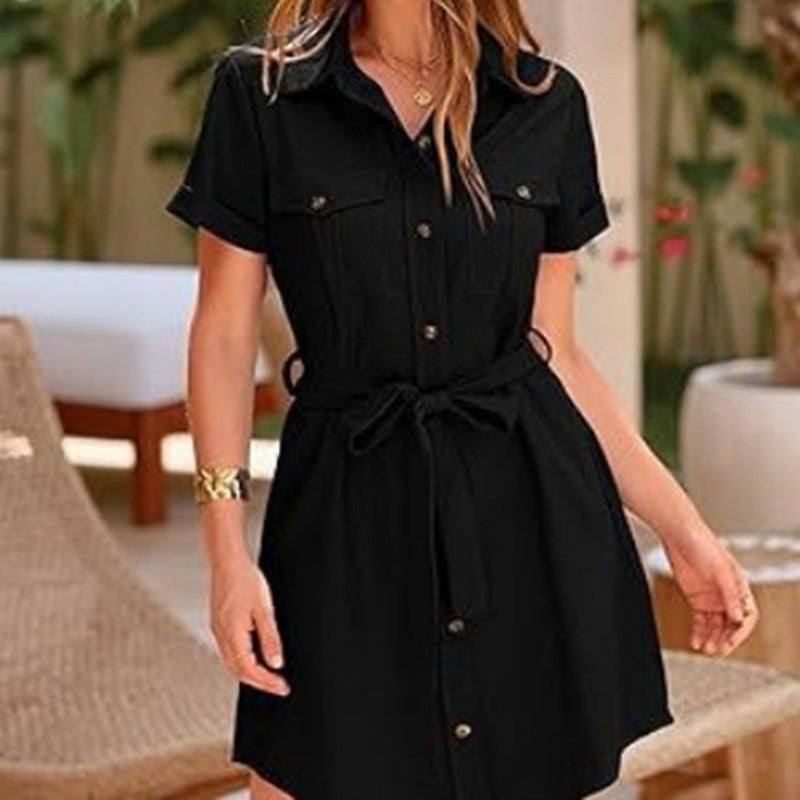 Pocket Button Solid Color Short Sleeve Dress Women