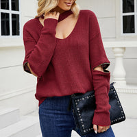 Sleeve Zipper Solid Color And V-neck Halter Sweater For Women