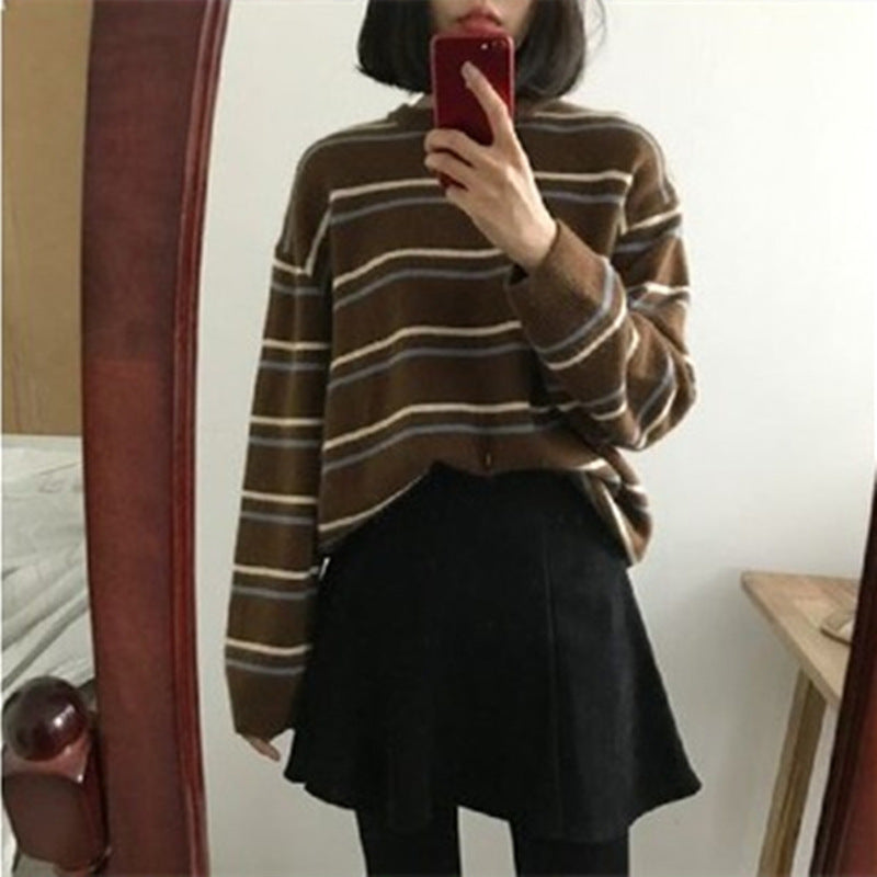 Women's Round Collar Sweater Women's Striped Sweater Loose And Idle