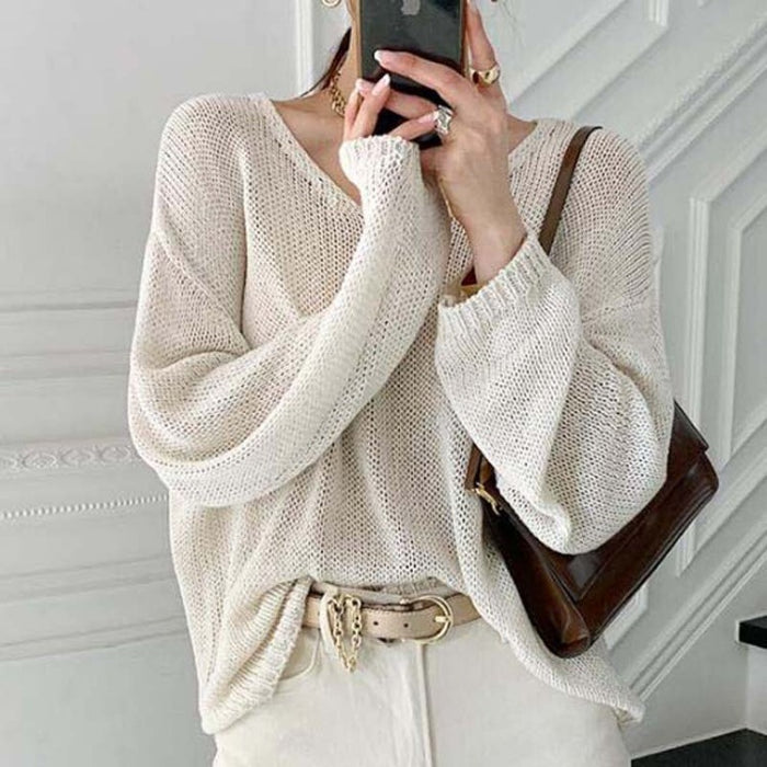 Hollow Ice Silk Lazy Style V-neck Thin Sweater