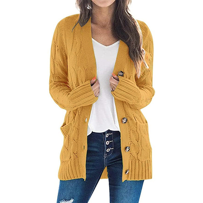 Women's Casual Cardigan Coat Solid Color Twist Button Cardigan Sweater