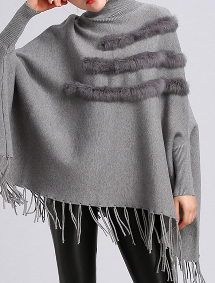 High Neck Sweater Women's Loose Medium Length Tassel Shawl Coat