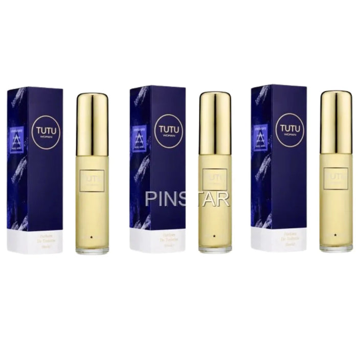 Gold and blue cosmetic products with 'TUTU' branding on a white background