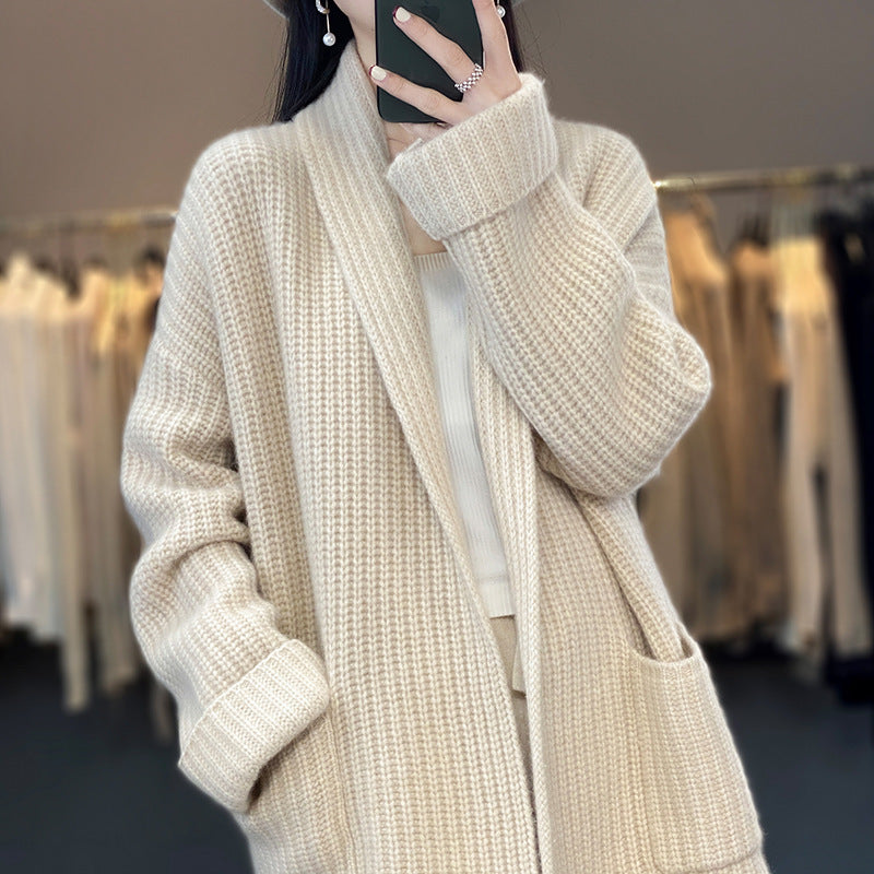 New Lazy Wind Mid-length V-neck Sweater Coat Women