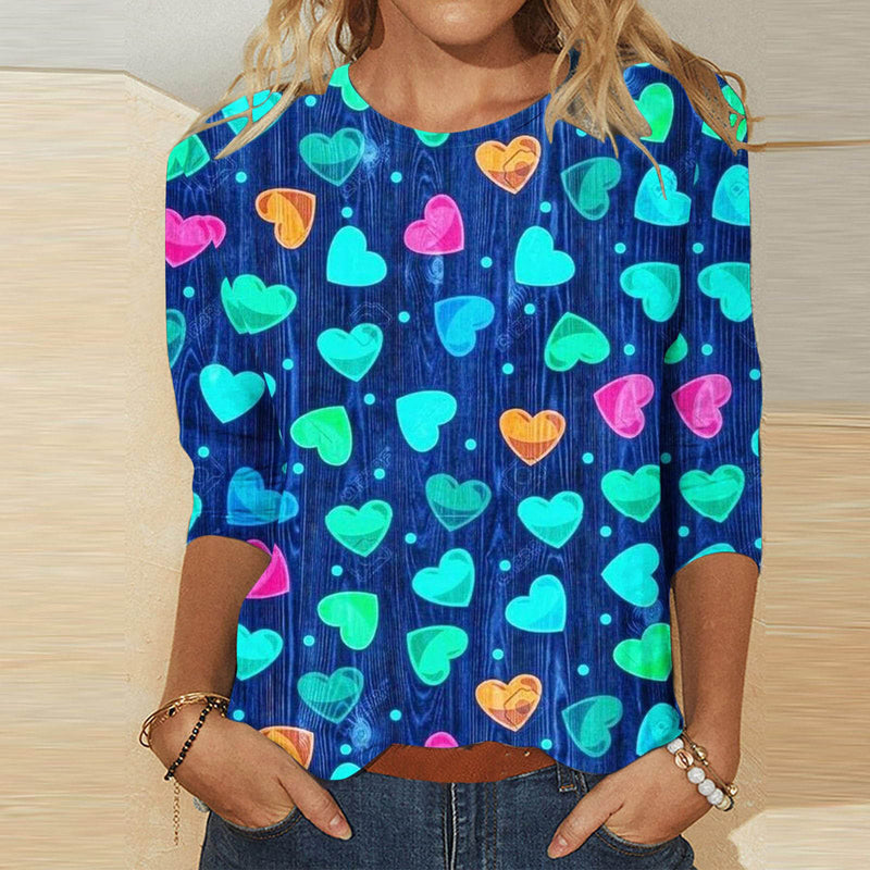 Valentine's Day Female With Hearts Printing Crew Neck T-shirt Top