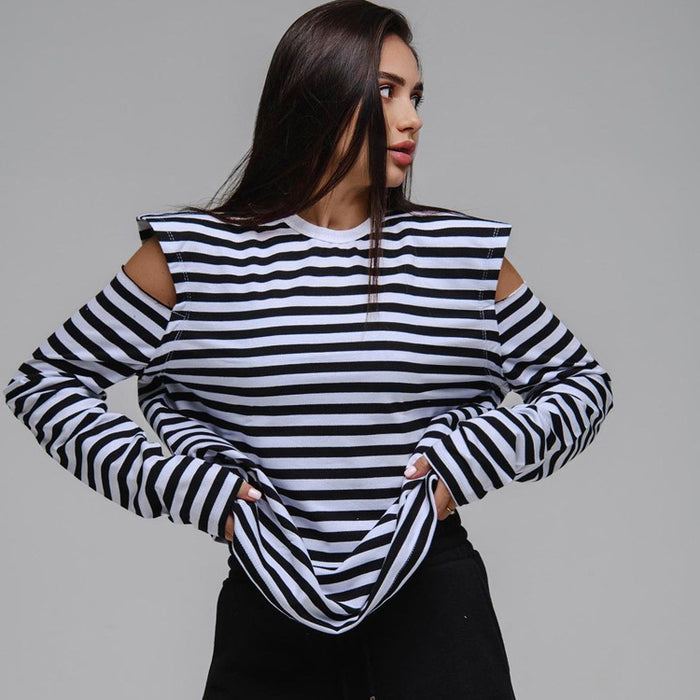 Striped Crew Neck Long Sleeves Off-the-shoulder Fashion Loose Top