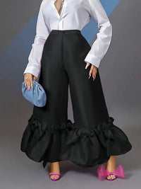 Patchwork Ruffled Loose High Waist Wide-leg Casual Pants