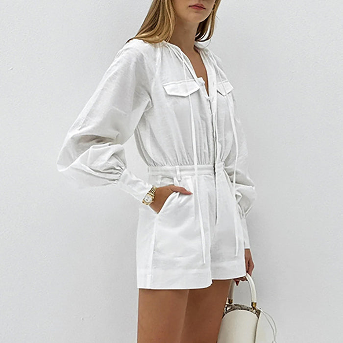 Fashion Loose White Slub Cotton Jumpsuit For Women