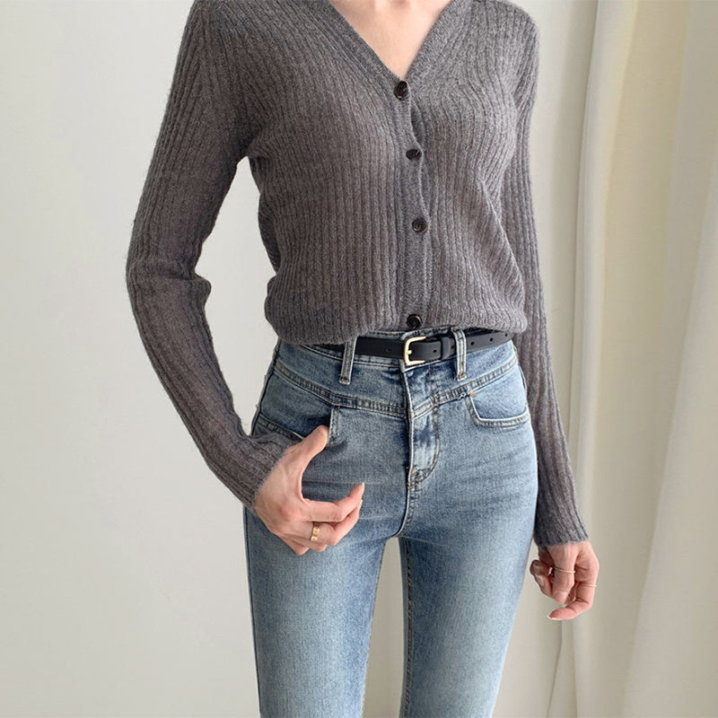 Solid Color Knitted Short Jacket Feminine Small V Neck