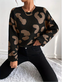 Leopard Print Off-shoulder Fluffy Knitted Round Neck Sweater