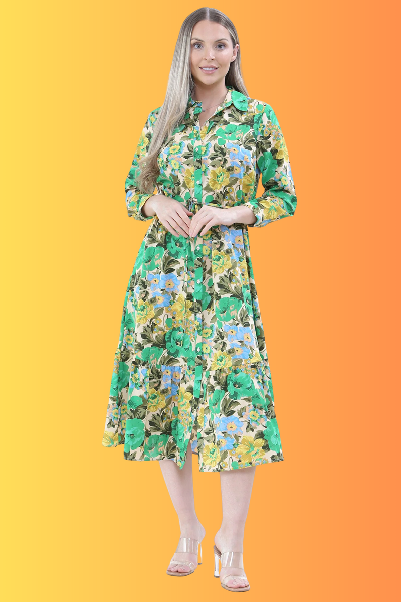 Green Floral Print Frilled Hem Midi Dress