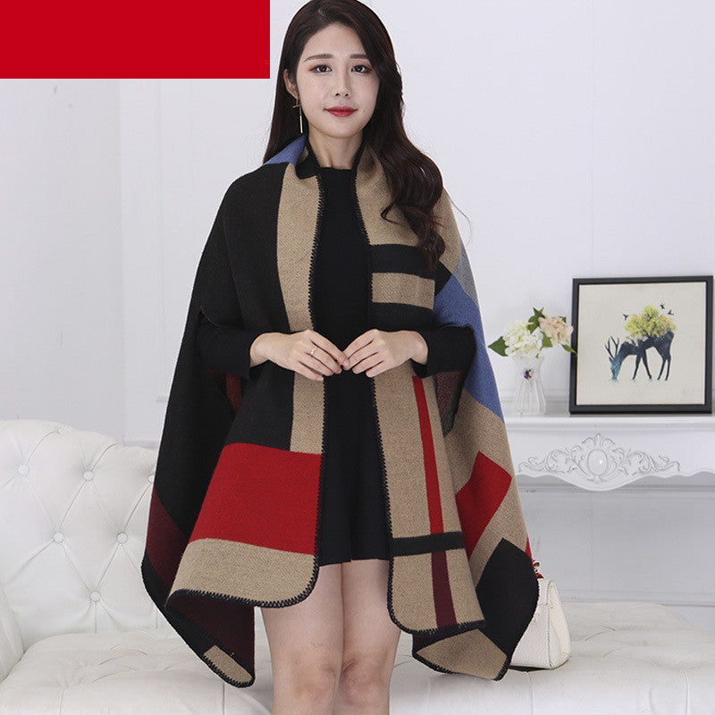 Women's Plus Cashmere Plaid Thick Warmth Keeping Air Conditioning Cloak