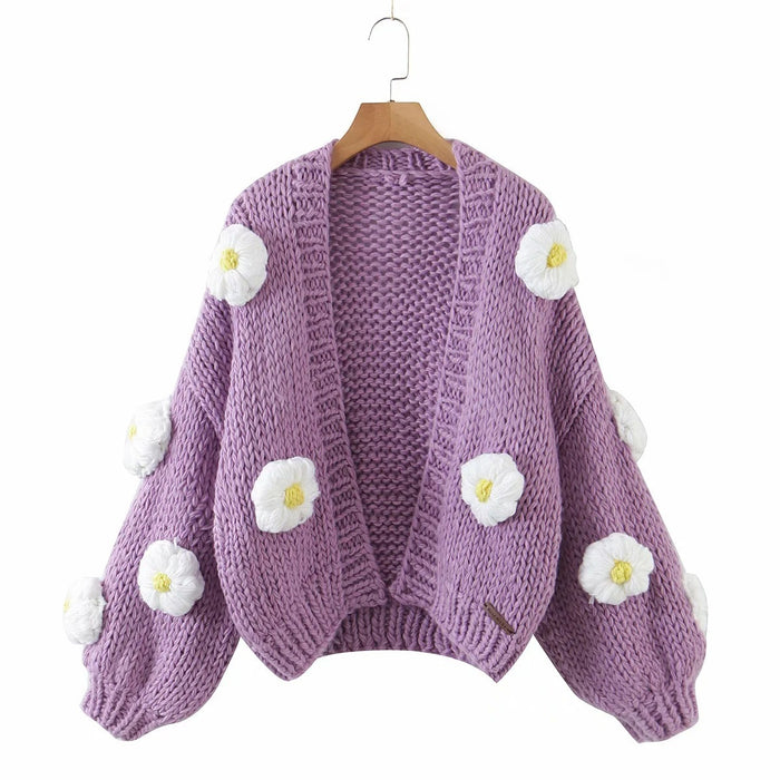 Pure Handmade Cardigan Slim Crochet Puff Three-dimensional Large Flower Sweater Women's Knitted Sweater