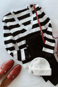 Loose V-neck Pullover Striped Long-sleeved Sweater