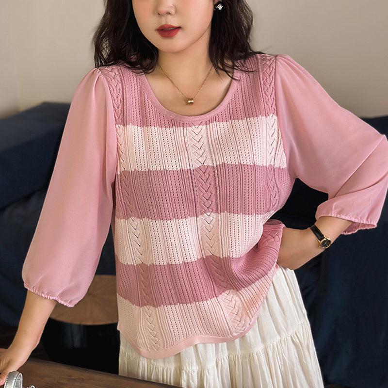 Round Neck Sweet Stitching Long Sleeve Loose Striped Sweater