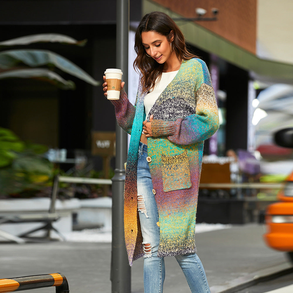 Knitted Sweater Loose Rainbow Long Coat Wool Cardigan