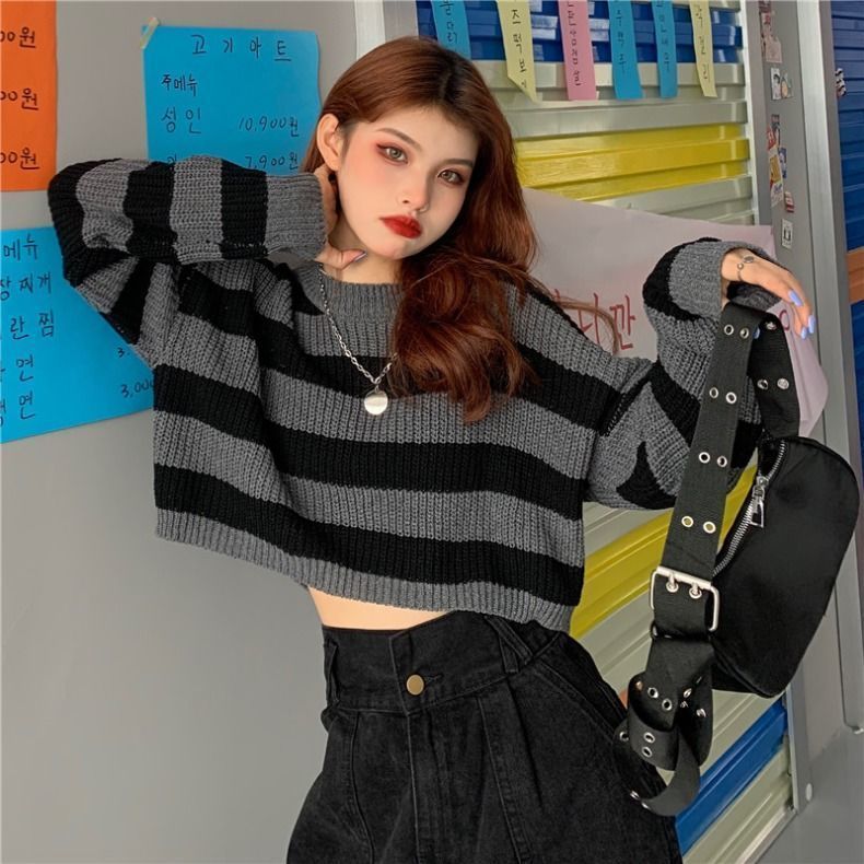 Short Top Women's Outer Wear Pullover Stripe Sweater