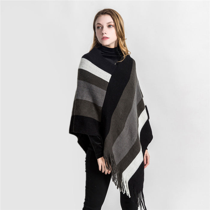 Striped fringed head with cashmere shawl