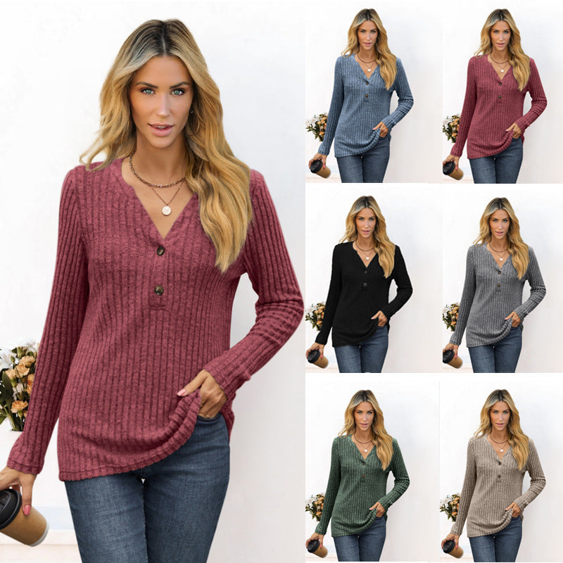 Solid Color And V-neck Long Sleeve T-shirt