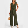 New V-neck Sleeveless Long Jumpsuit With Pockets And Lace-up Design Wide-leg Straight Trousers Summer Womens Clothing