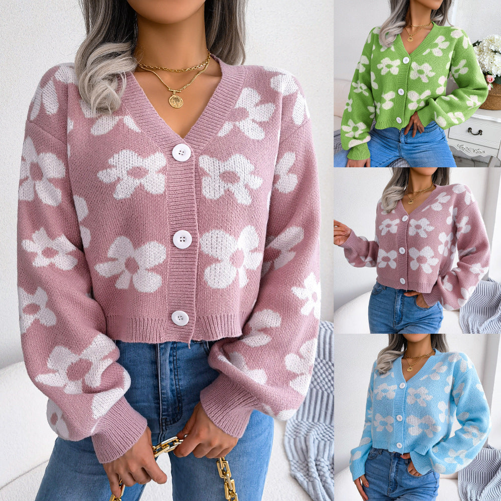 Fashionable Clashing Floral Lantern Sleeve Cardigan Jumper Jacket