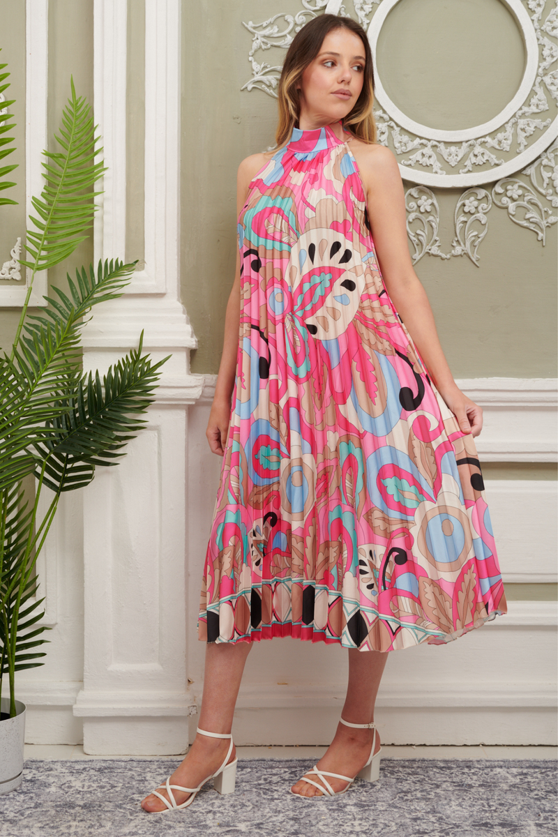 High Neck Retro Floral Pleated Dress