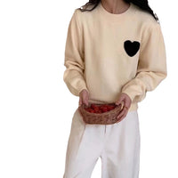 Korean Style Heart Embroidered Round Neck Sweater