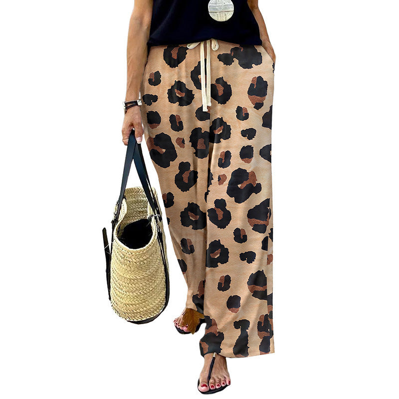 Leopard Print Wide-leg Pants Women's European And American Personalized Drawstring