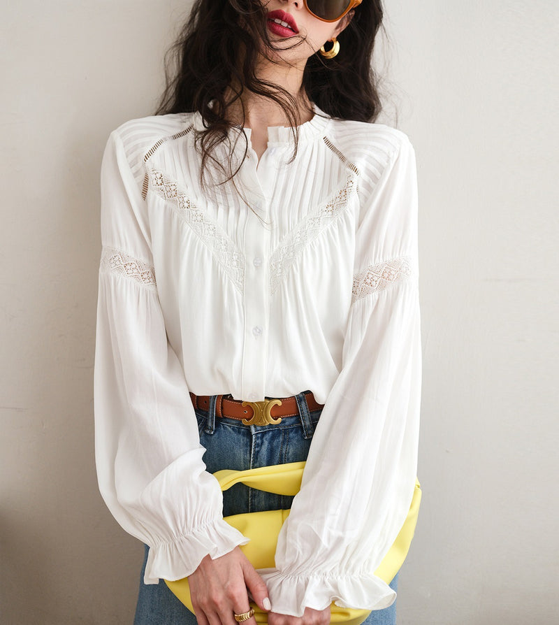 Early Spring Lace Stitching French Shirt For Women