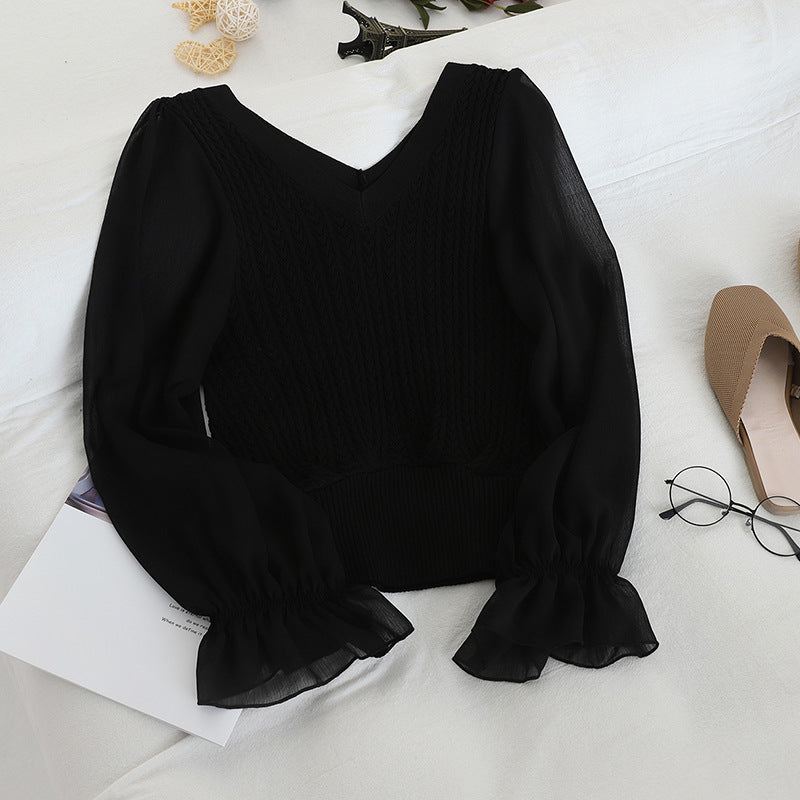 Puff Sleeve New Thin Women's Clothing V-neck Chiffon Stitching Sweater