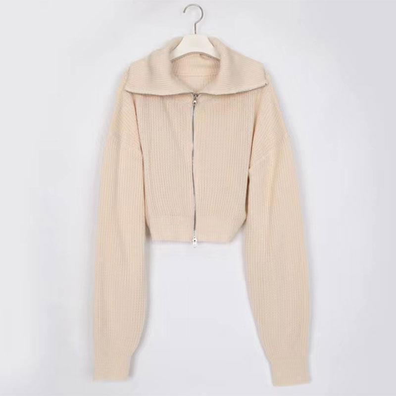 Soft Lapel Double Zipper Loose Long Sleeve Knitted Sweater For Women