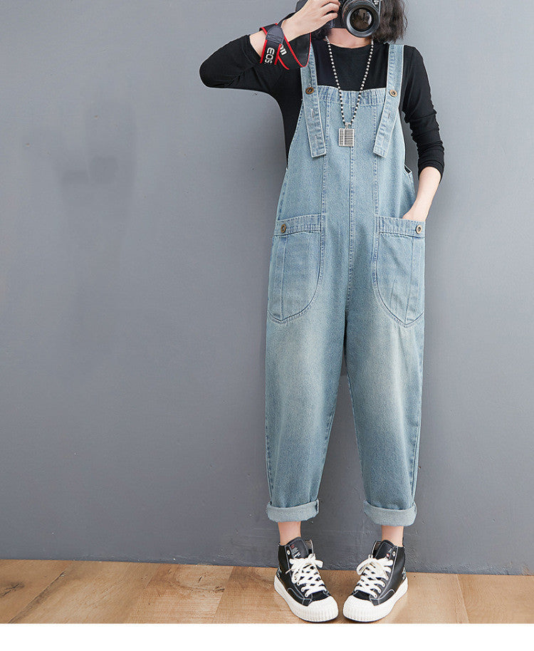 Women's Literary And Artistic Denim Overalls Retro Plus Size Loose