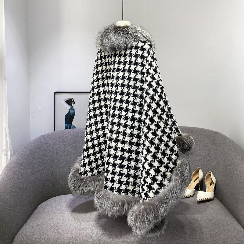 Houndstooth Thickened Net Red Fur Coat Shawl Cloak