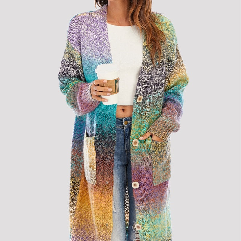 Knitted Sweater Loose Rainbow Long Coat Wool Cardigan