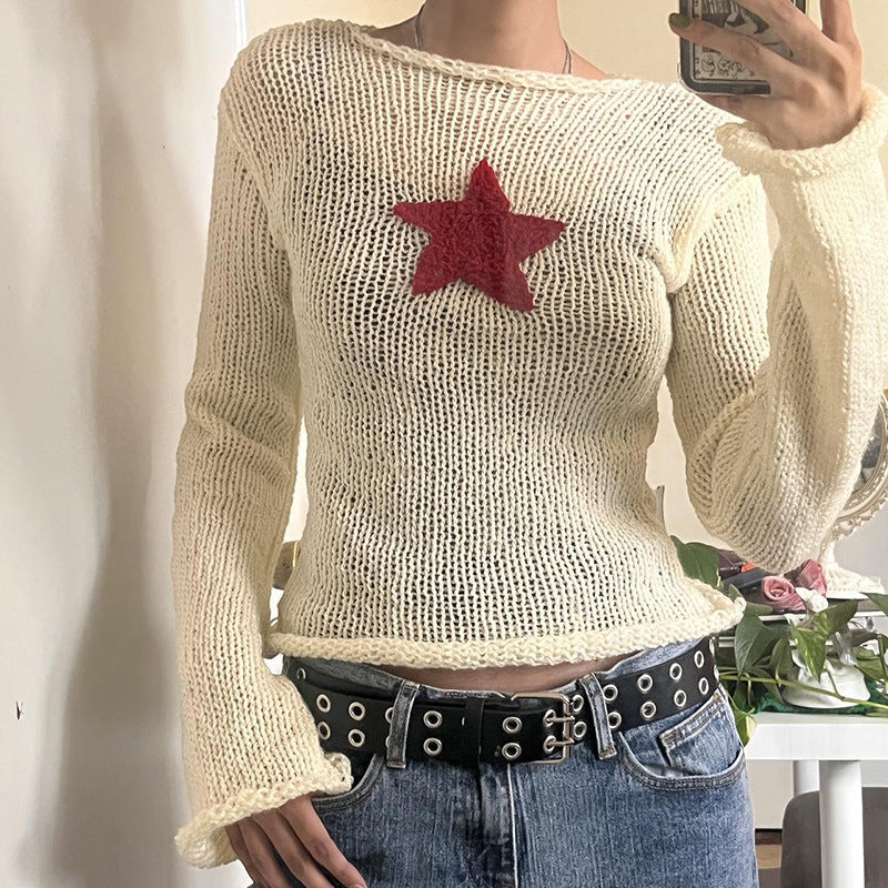 Five Pointed Star Short Curled Fashion Slight Raglan Long Sleeve Sweater T-shirt