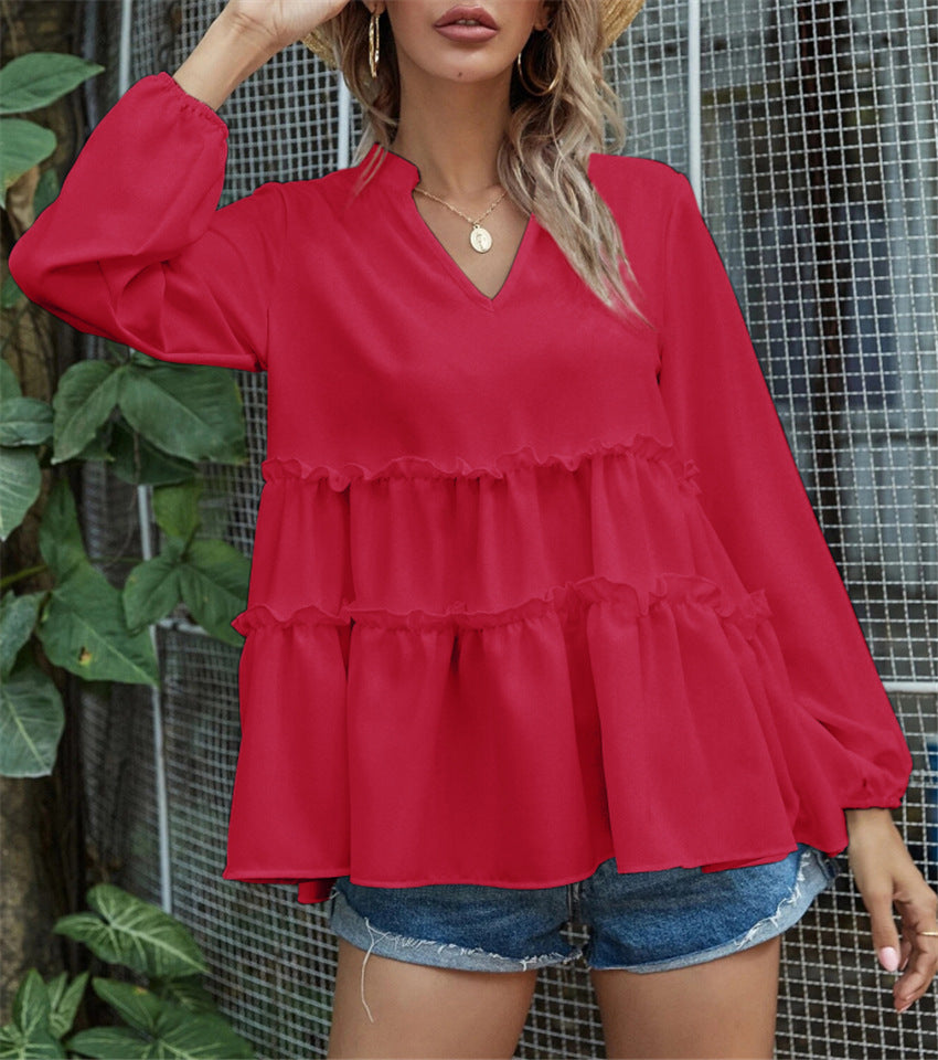 Solid Color And V-neck Ruffled Hem Shirt