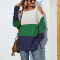 Contrast Color Off-the-shoulder Split Sling Sweater