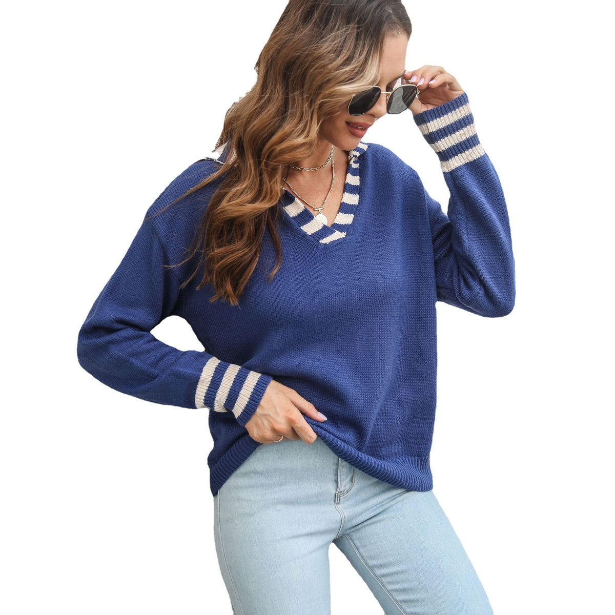 Striped Lapel Sweater Women's Loose Autumn And Winter Long Sleeve Sweater Ins