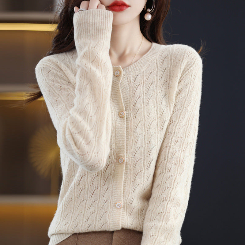 Women Solid Color Loose Round Neck Cardigan